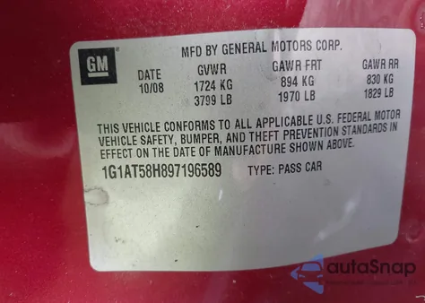 2009 Chevrolet Cobalt Lt from USA, damaged, VIN 1G1AT58H897196589